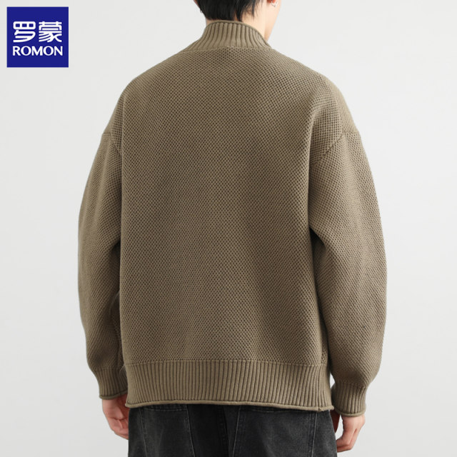 Luo Meng Cardigan Jacket Men's Spring and Autumn New Tide Brand Advanced Leisure Stand -collar Jacket Loose Knit Sweaters
