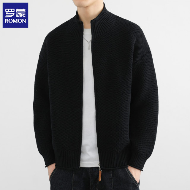 Luo Meng Cardigan Jacket Men's Spring and Autumn New Tide Brand Advanced Leisure Stand -collar Jacket Loose Knit Sweaters
