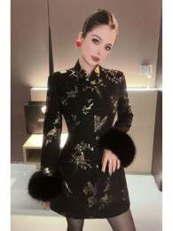 New Chinese women's black improved cheongsam National Style Dress Superior Super look retro dress early spring new