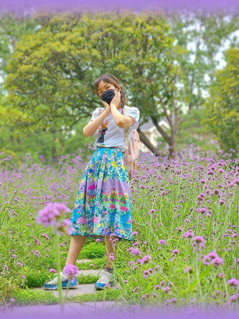 Japanese cartoon button mid -length skirt umbrella skirt large printed flower color purple with pocket sweet green
