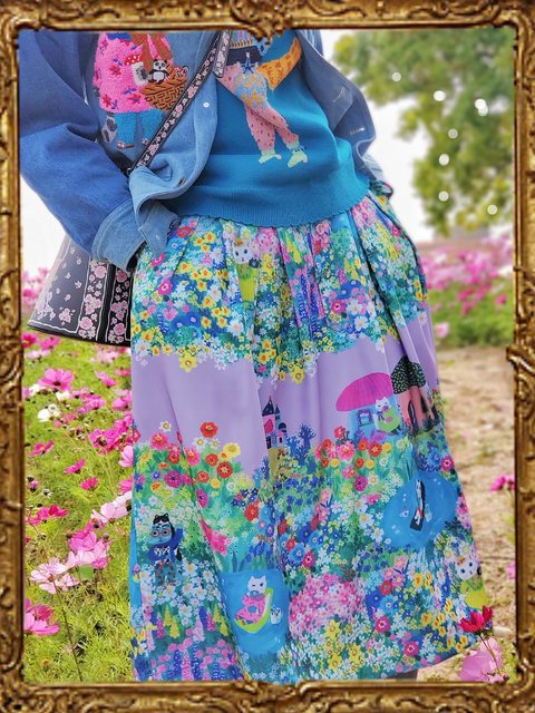 Japanese cartoon button mid -length skirt umbrella skirt large printed flower color purple with pocket sweet green

