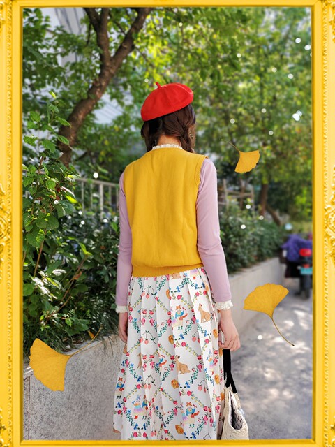 Spot skirt printed spring and autumn beige sweet midi skirt pleated women's style pastoral Japanese rabbit cat