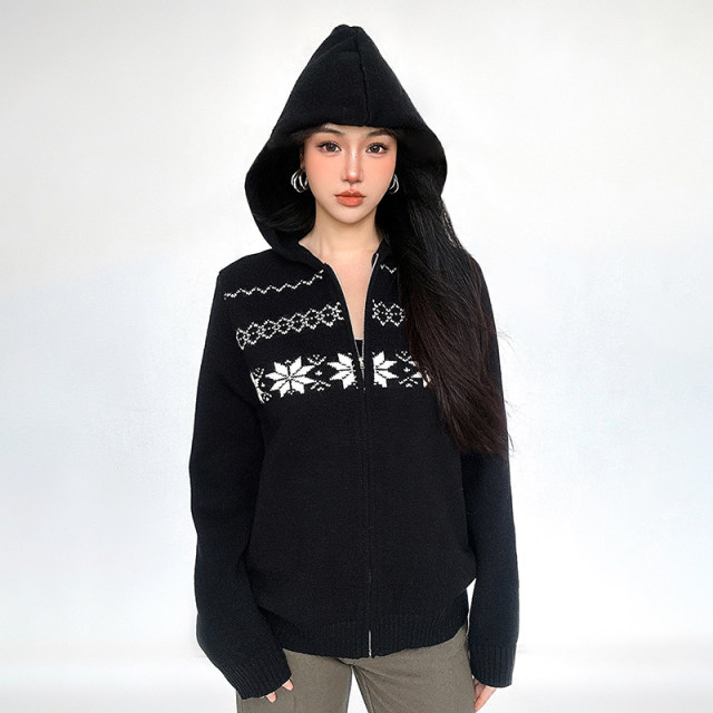 FUNOFF Fair Island Bath Style Black Zipper Hooded Sweater Jacket 2024 Winter Christmas Knitted Top for Women
