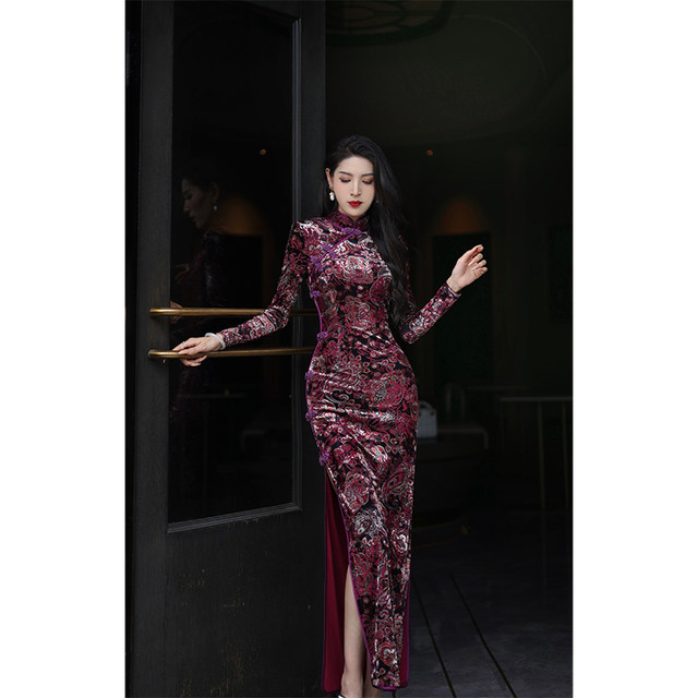Original design high -definition velvet flower slim high waist printing temperament new Chinese cheongsam

