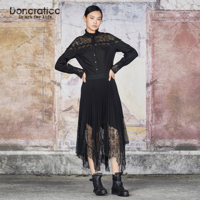 Dayiyan irregular solid color mesh lace spliced ​​pleated skirt temperament lace umbrella skirt French high-end women's soft gluten