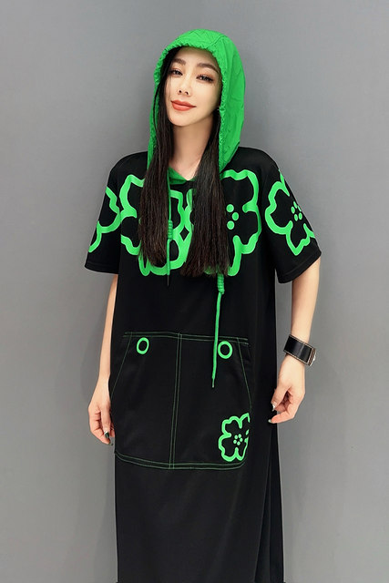 2025 summer new women's dress hooded printed spliced ​​midi skirt loose large size casual and fashionable slim