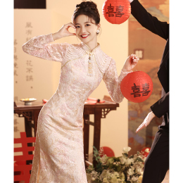 Backdoor dress toasting Bride Superior Pink Cheongsam Wedding Dress Embroidery 2023 New