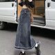 2023 large size fat mm high waist mid-length old denim skirt for women loose and slim small hip-covered skirt