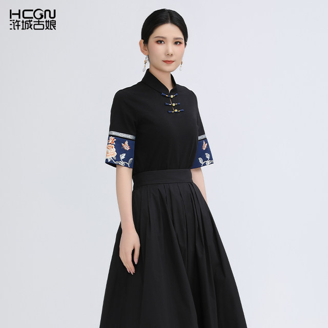 Summer Chinese style versatile fashion casual slim retro daily commute women's middle sleeve T -shirt embroidered Chinese top
