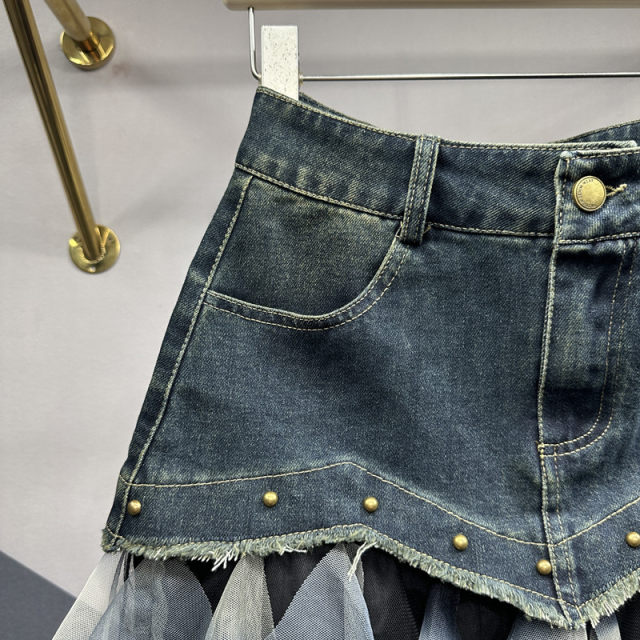Mesh smudged layer cake skirt for women in women's 2025 spring and summer new versatile slim mid-length spliced ​​denim skirt