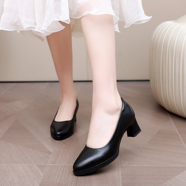 Genuine leather high heels spring and autumn new thick heel model performance leather shoes with skirt work shoes fashionable single shoes women 32