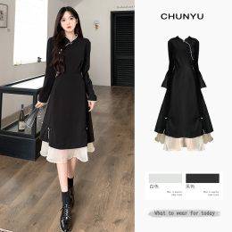 Large code 2024 spring new female slightly fat thin senior feeling new Chinese style national style disc buckle black cheongsam dress