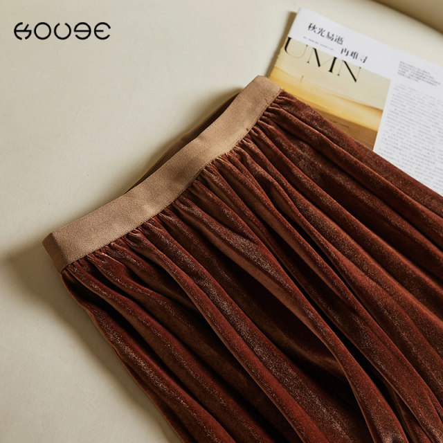 Two-sided gold velvet skirt for women with autumn and winter elastic waist splicing slim pleated skirt mid-length high-waisted umbrella skirt
