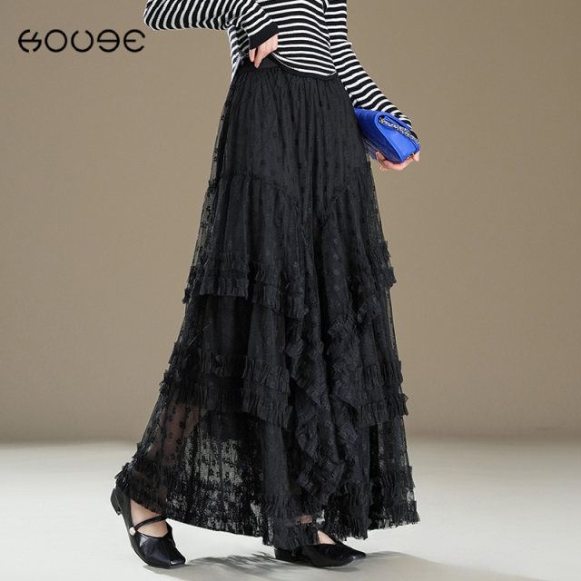 Black irregular lace mesh large umbrella skirt for women 2025 summer new princess fluffy cake pleated long skirt
