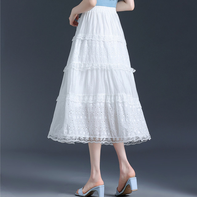 White lace spliced ​​skirt versatile elastic high waist slim A-line umbrella skirt cake skirt long skirt summer skirt