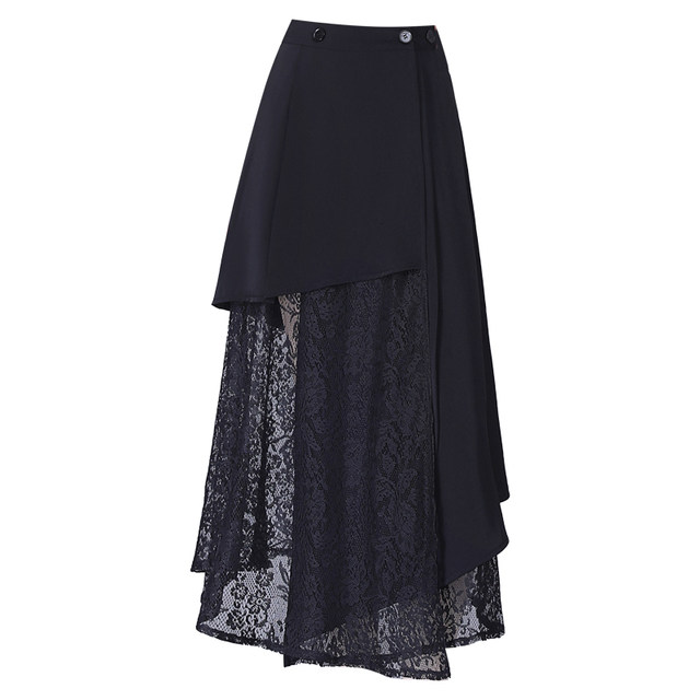 
Black irregular skirt 2025 summer new high-waist lace splicing design one-piece A-line skirt long skirt