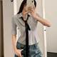 Walnut hot girl JK uniform slim white waist tie mid-sleeved shirt women's pure desire style slim short top
