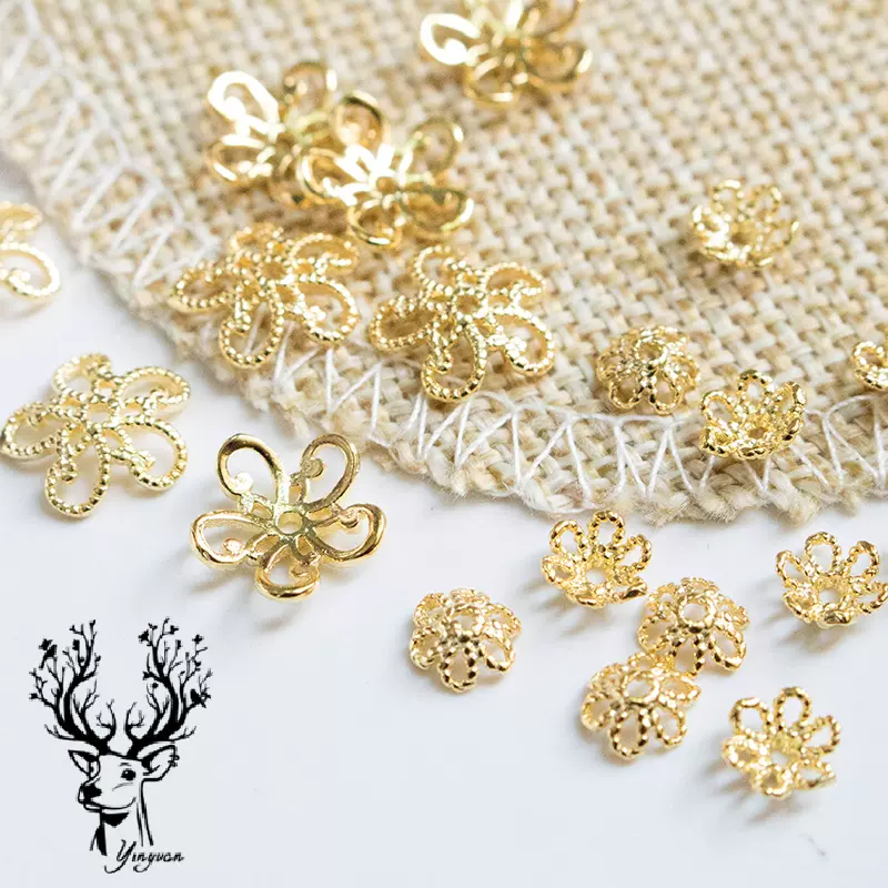 S925纯银diy圆珠串珠配件材料银镀黄金花帽隔片