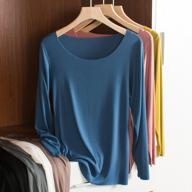 Modal round neck inner T-shirt women's seamless long-sleeved bottoming ...