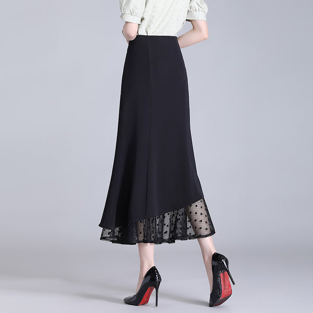 
2025 spring and summer new cool silk fishtail long skirt for women with high waist slim hip-covered skirt mid-length splicing one-step skirt
