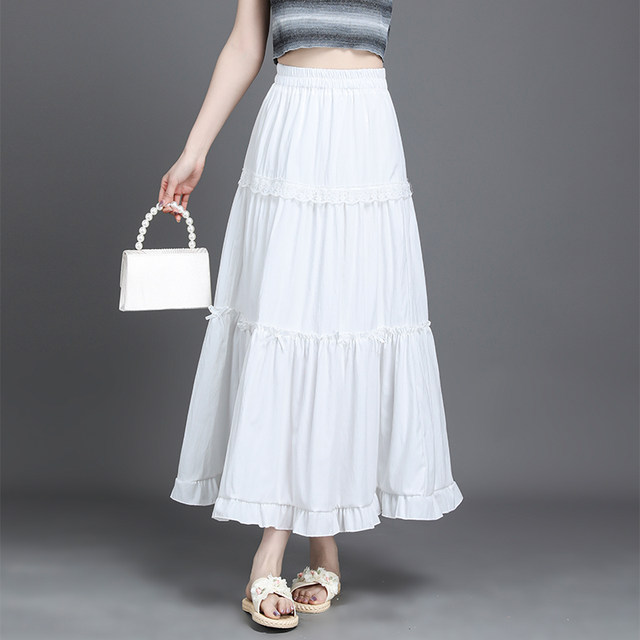 Korean sweet casual spliced ​​skirt for women in 2025 spring new midi skirt high waist slim and versatile A-line skirt