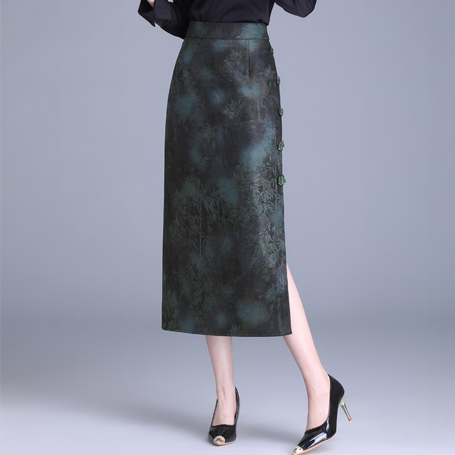 Retro double slit buckle one-step skirt for women 2025 spring and autumn new slim printed skirt mid-length hip-cover skirt