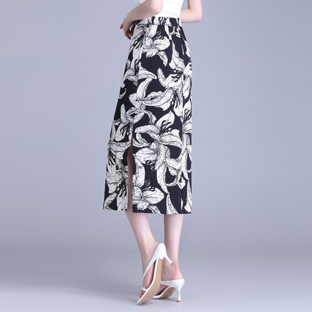Temperature printed skirt for women in summer 2025 new high-end slim fit slit one-step skirt mid-length hip-cover skirt