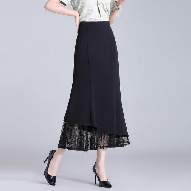 
2025 spring and summer new cool silk fishtail long skirt for women with high waist slim hip-covered skirt mid-length splicing one-step skirt