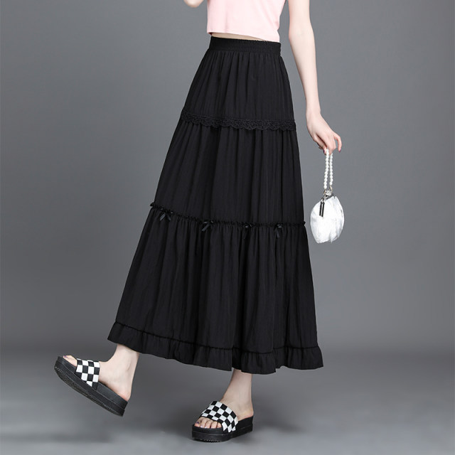 Korean sweet casual spliced ​​skirt for women in 2025 spring new midi skirt high waist slim and versatile A-line skirt
