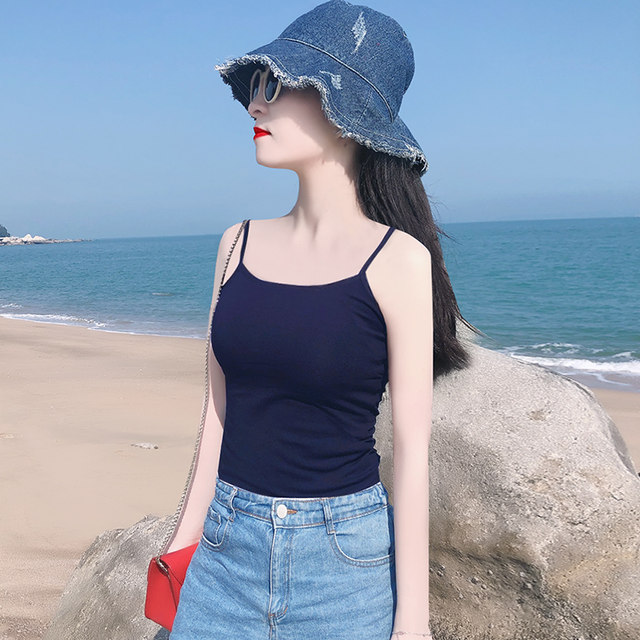 Hot girl's navy blue pure cotton tube top small camisole with summer outer wear and versatile sexy top with beautiful back