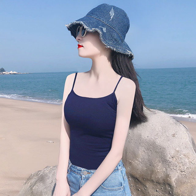 Hot girl's navy blue pure cotton tube top small camisole with summer outer wear and versatile sexy top with beautiful back