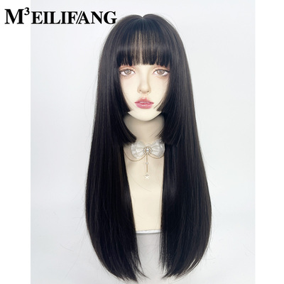 taobao agent Jellyfish head wig Princess Sheji female long hair black long straight black Japanese -style maid full header lolita top top
