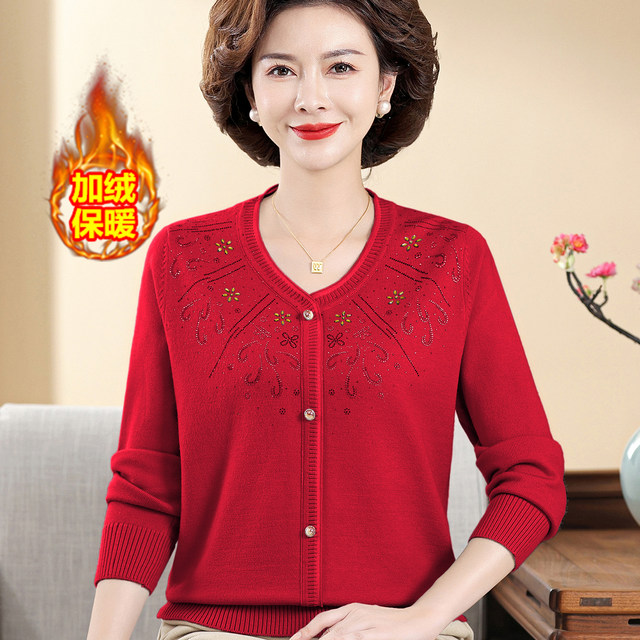 Middle-aged mother autumn and winter velvet knitted bottoming shirt warm top middle-aged and elderly women's all-in-one velvet thickened sweater