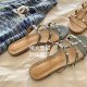 Reserved money! Ning Yizhuo's same style blue rivet one-word sandals for women summer mesh infrared wear flat bottom open toe sandals