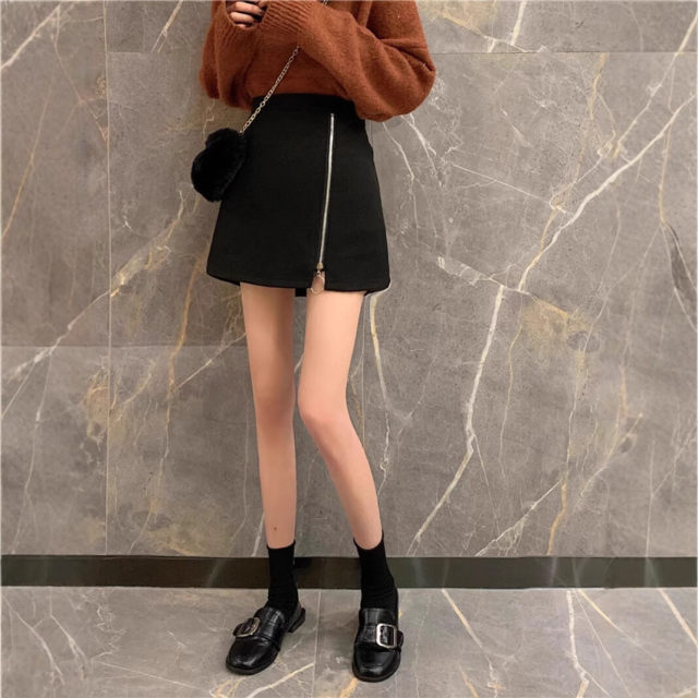 Black skirt autumn and winter large size women's high waist slim hip-packing one-step skirt fat mm versatile A-line zipper short skirt