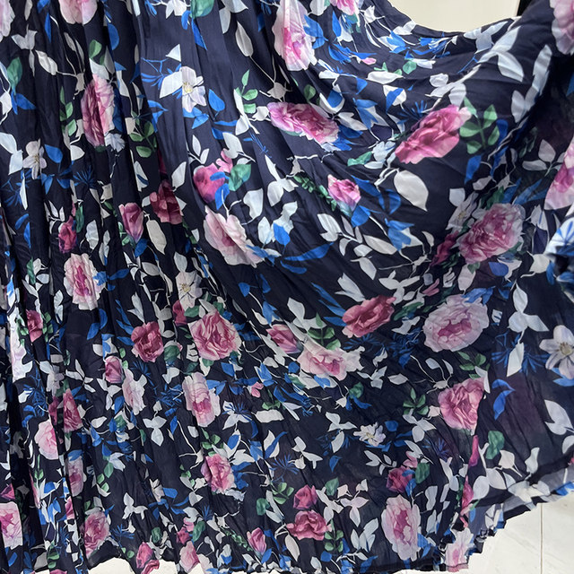French romantic rose flower elastic waist skirt sweet temperament printed pocket press pleated long skirt umbrella skirt