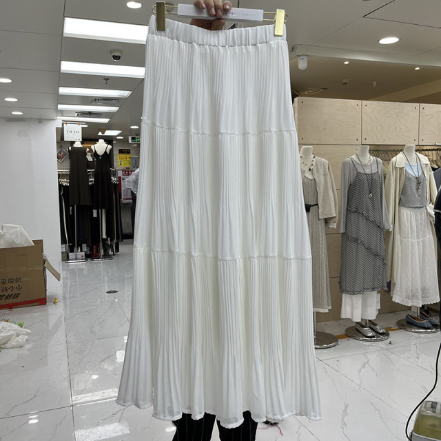 Korean solid color pressed pleated chiffon skirt for women in spring and summer 2025 new high-waisted pleated a-line long skirt