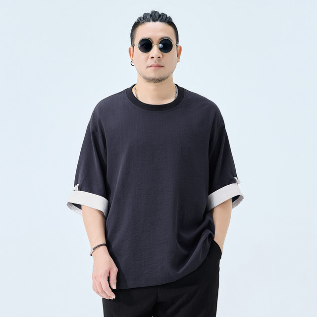 Half ink large size men's new Chinese short-sleeved T-shirt in summer thin loose fat man contrasting color spliced ​​numb five-point sleeves
