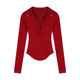 Red V -neck long -sleeved t -shirt female early autumn slimming thin bottom shirt arc hot girl unique top
