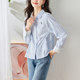 First Shadow Blue Striped Shirt Women's Long Sleeve 2025 Spring New Casual Top Cartoon Embroidered Cotton Shirt