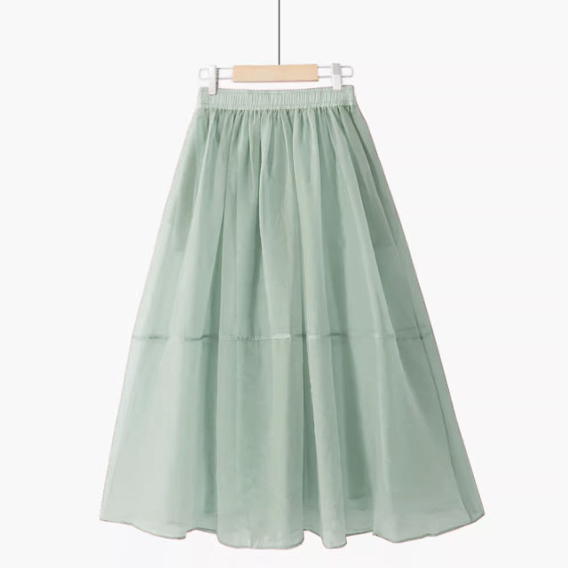Spring solid color simple and versatile Organ yarn thin sweet pleated high waist pocket mesh mid-length slim skirt