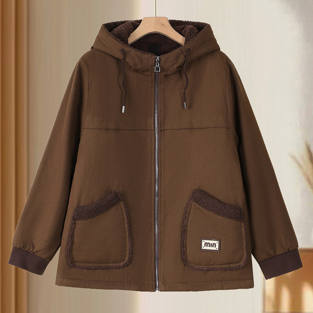 Extra fat plus size fat mother lamb velvet cotton jacket thick coat middle-aged and elderly women autumn and winter grain velvet jacket warm windbreaker