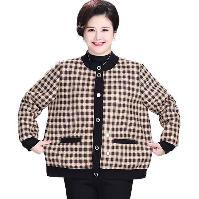 Fat mother plus velvet jacket 220Jin [Jin equals 0.5 kg] Special cardigan jacket middle-aged and elderly large size women's houndstooth autumn and winter top
