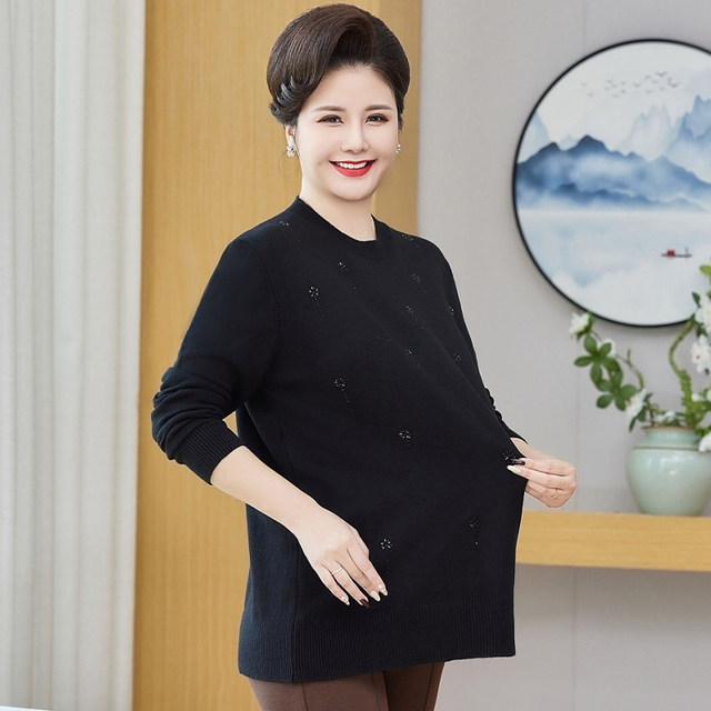 Super Fat Mom Spring and Autumn Sweater T-shirt Middle-aged and elderly women's large size belly-covering knitted bottoming shirt fat grandma top
