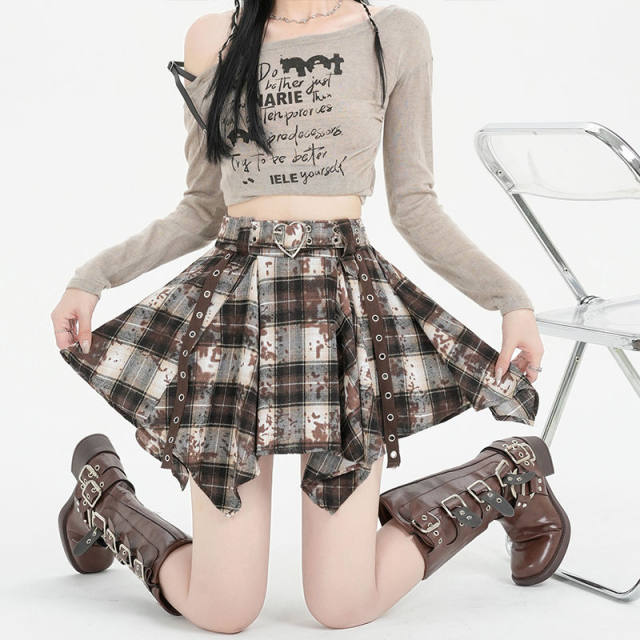 Retro old hot girl pleated skirt for women in autumn and winter irregular contrasting color plaid A-line skirt anti-exposure skirt pants