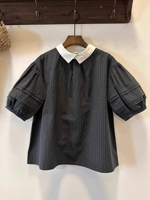 Spring and summer large size retro plaid POLO collar shirt fat MM300Jin [Jin equals 0.5 kg] slimming and age-reducing puff sleeve doll shirt top
