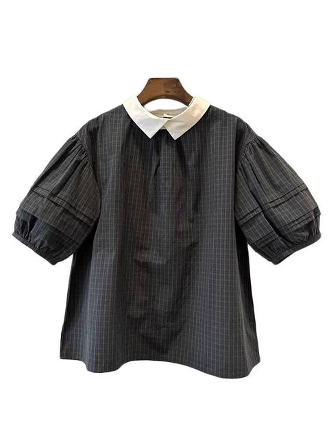 Spring and summer large size retro plaid POLO collar shirt fat MM300Jin [Jin equals 0.5 kg] slimming and age-reducing puff sleeve doll shirt top
