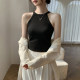 Black halter neck beautiful back suspender vest for women summer short style with chest pad cup integrated inner top