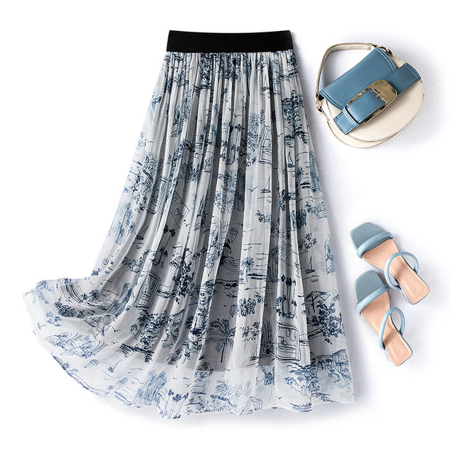 Chinese style commuting retro literary printed silk mulberry silk skirt small midi skirt flowing with flowing