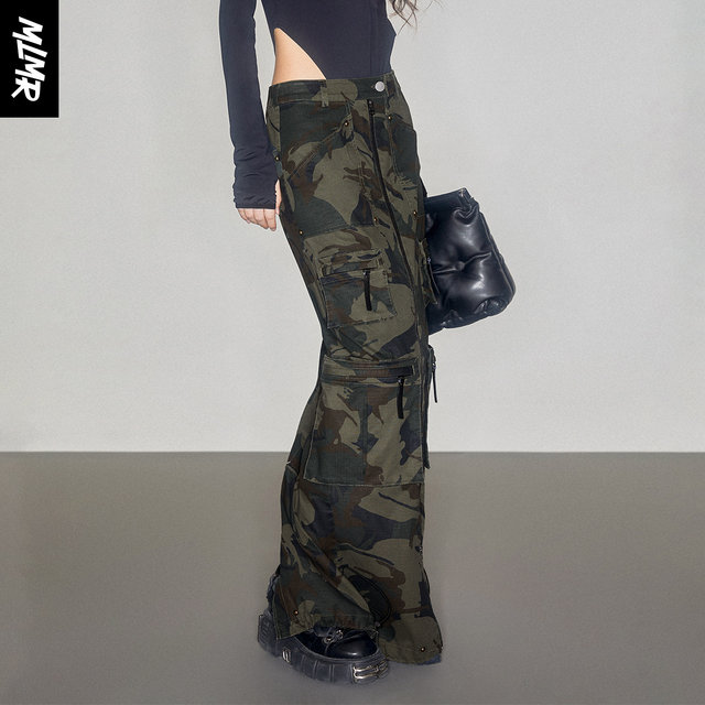MLMR Autumn New Denim Camouflage Half-length Skirt for Women Trendy Personality Cool Retro One-Step Zipper Skirt